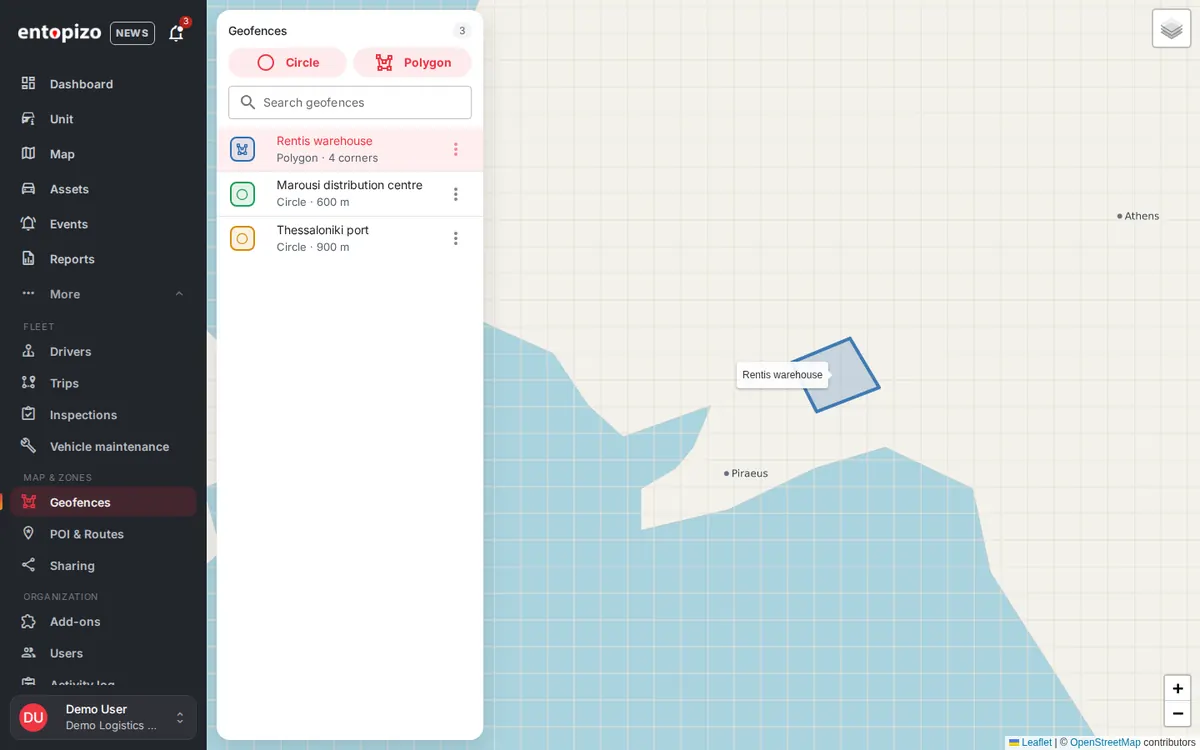 Entopizo Pro geofences on the map