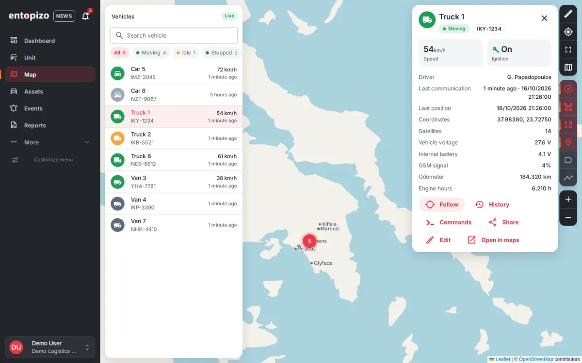 Entopizo Pro live map with vehicle list and vehicle card